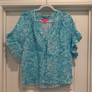 Lilly Pulitzer Turquoise Floral V-Neck Ruffle Sleeve Blouse